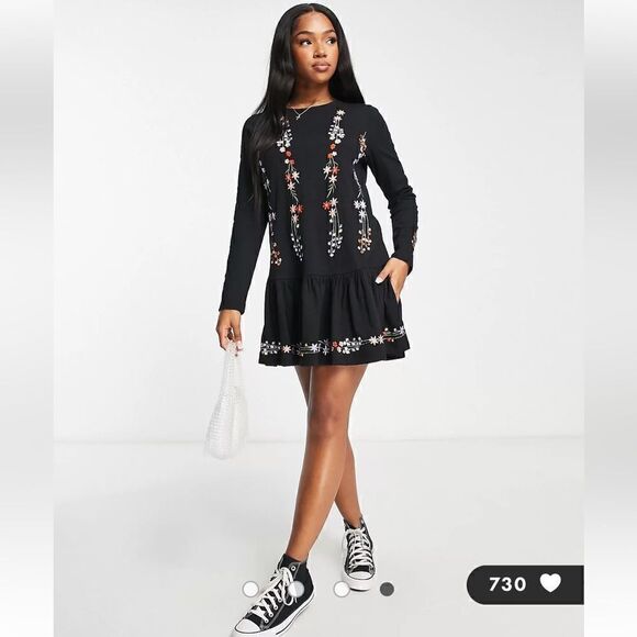 ASOS DESIGN long sleeve smock dress with pep hem with floral embroidery Size 2 - Picture 5 of 12